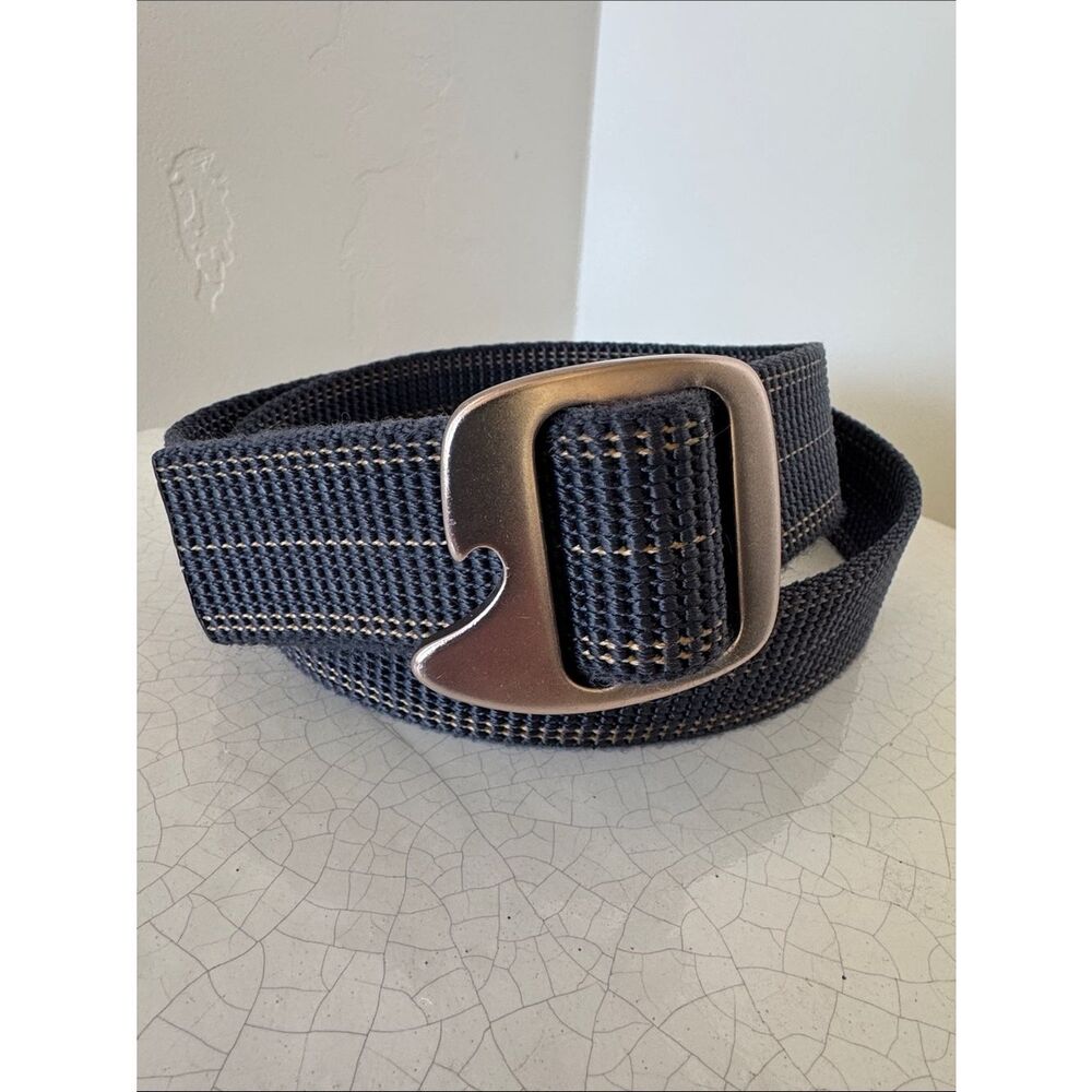 Bison Designs Tap Cap Buckle Webbed Textile Belt Blue/Tan Casual Size 38 Medium
